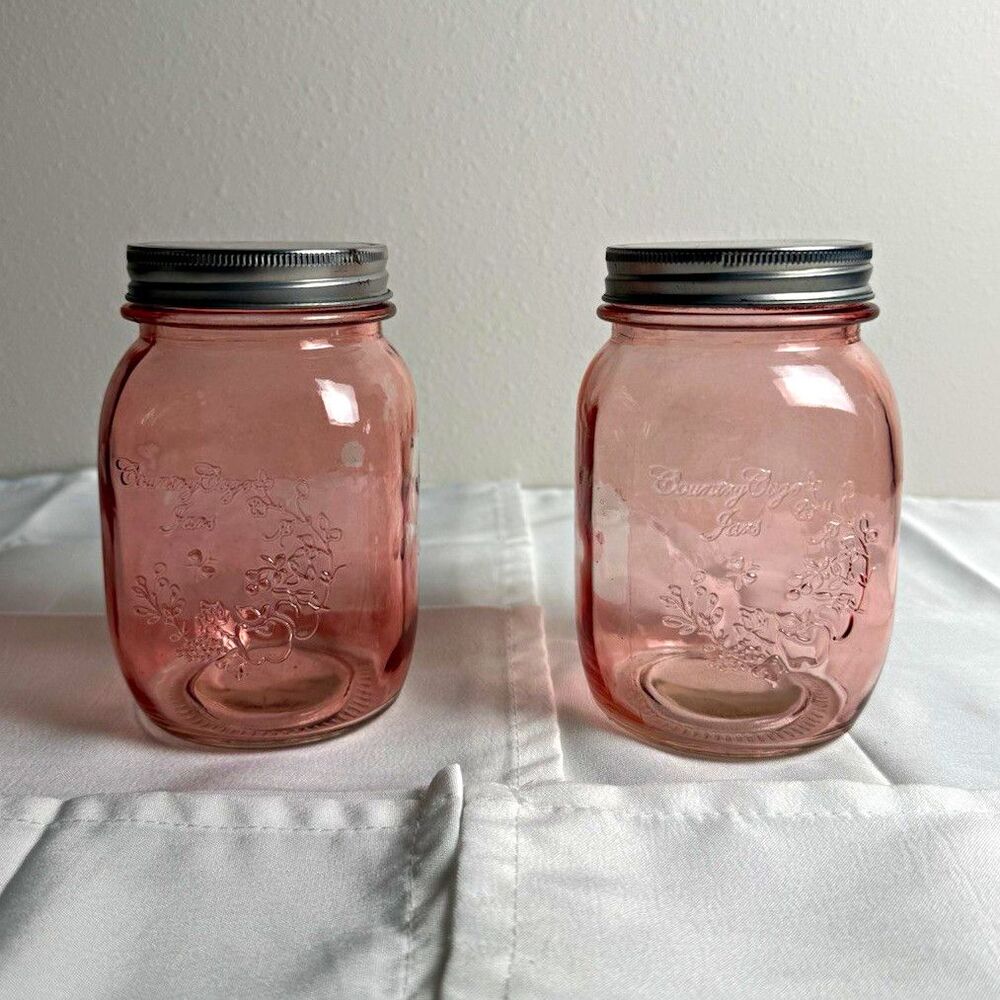 Set of 2 Pink Embossed Glass Canning Mason Jars 16 oz with Metal Lids
